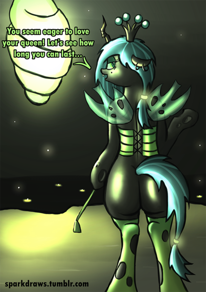 Size: 700x992 | Tagged: alternate hairstyle, artist:sparkdraws, bedroom eyes, bipedal, cave, clothes, cocoon, corset, crown, derpibooru import, dialogue, ear piercing, earring, firefly (insect), insect, jewelry, piercing, queen chrysalis, regalia, semi-anthro, socks, suggestive, whip