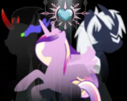 Size: 1000x800 | Tagged: safe, derpibooru import, king sombra, princess cadance, ponified, alicorn, kaiju, kaiju pony, pony, unicorn, fanfic:the bridge, cover art, crossover, crystal empire, crystal heart, fanfic art, female, godzilla (series), horn, let's get ready to rumble, male, mare, multiple horns, spacegodzilla, stallion, tricorn, xenilla