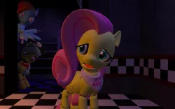 Size: 895x558 | Tagged: animatronic, applefreddy, applefreddy fazjack's pizzeria, applejack, creepy, derpibooru import, five nights at aj's, flutterchica, fluttershy, foxy dash, looking at you, rainbow dash, rainbow foxy, robot, safe, solo, worried