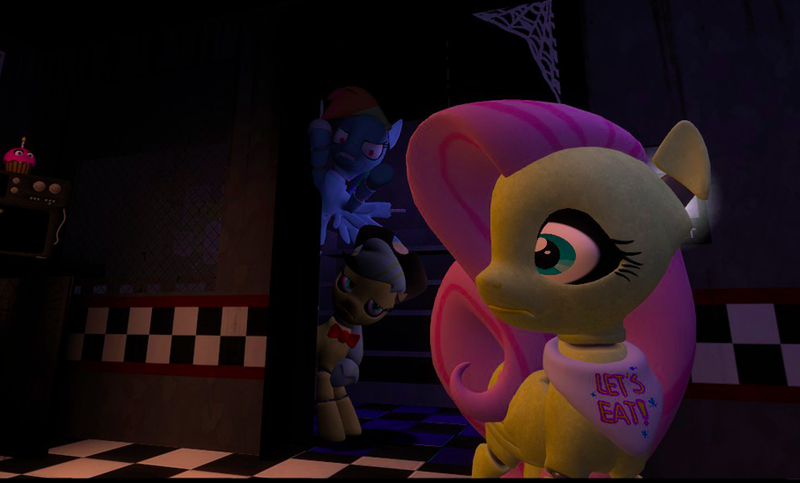 Size: 885x534 | Tagged: animatronic, applefreddy, applefreddy fazjack's pizzeria, creepy, derpibooru import, five nights at aj's, flutterchica, fluttershy, foxy dash, looking at you, rainbow dash, rainbow foxy, robot, safe, solo