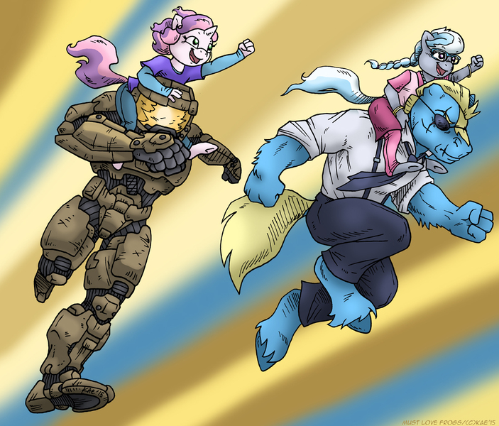 Size: 1100x939 | Tagged: anthro, artist:kaemantis, chief and belle, clothes, crossover, derpibooru import, halo (series), master chief, oc, oc:sticker shock, safe, silver spoon, sweetie belle, unguligrade anthro, unshorn fetlocks