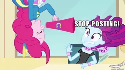 Size: 610x343 | Tagged: safe, derpibooru import, mystery mint, pinkie pie, equestria girls, background human, caption, image macro, it's time to stop posting, megaphone, meme, text