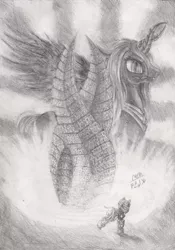Size: 3577x5121 | Tagged: safe, artist:kei1510, derpibooru import, oc, oc:marksaline, ponified, pony, crossover, dead space, grayscale, isaac clarke, marker (dead space), monochrome, traditional art