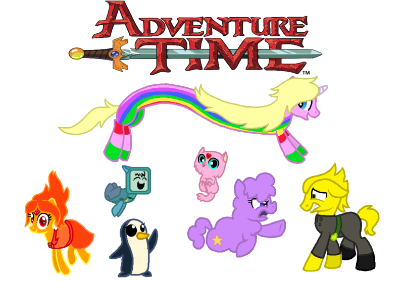 Size: 1204x838 | Tagged: safe, artist:starryoak, derpibooru import, ponified, pony, unicorn, adventure time, bmo, flame princess, gunter (adventure time), kitten, lady rainicorn, lemongrab, lumpy space princess, simple background, transparent background