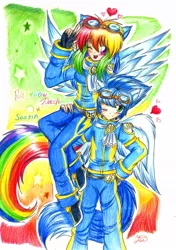 Size: 750x1064 | Tagged: safe, artist:yuki-orin, derpibooru import, rainbow dash, soarin', human, eared humanization, female, goggles, heart, humanized, male, shipping, soarindash, straight, tailed humanization, traditional art, winged humanization, wings