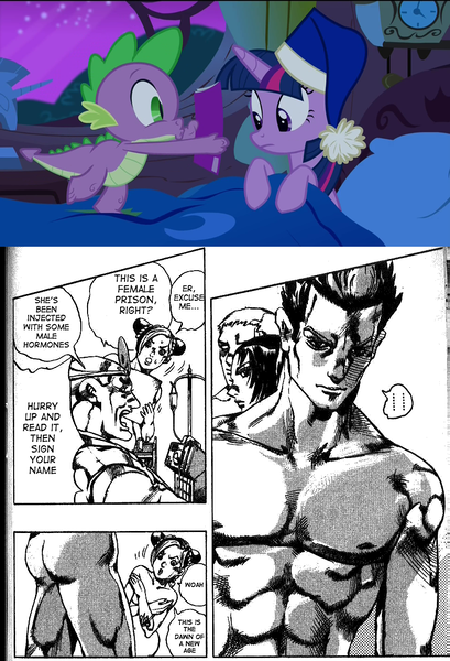 Size: 843x1236 | Tagged: questionable, derpibooru import, spike, twilight sparkle, twilight sparkle (alicorn), alicorn, pony, comic, comic book meme, exploitable meme, female, jail, jojo's bizarre adventure, jolyne kujo, mare, meme, nudity, obligatory pony, stone ocean