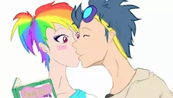 Size: 1152x656 | Tagged: safe, artist:midnitethewarrior, derpibooru import, rainbow dash, soarin', human, alternate hairstyle, book, female, goggles, humanized, kissing, male, ponytail, shipping, soarindash, straight