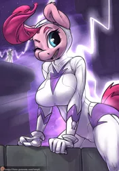 Size: 840x1200 | Tagged: anthro, artist:atryl, breasts, busty pinkie pie, clothes, costume, derpibooru import, female, fili-second, gloves, lightning, night, one eye closed, open mouth, pinkie pie, power ponies, power ponies (episode), smiling, solo, solo female, straddling, suggestive