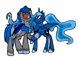 Size: 1024x765 | Tagged: safe, artist:frankilew, derpibooru import, princess luna, oc, oc:sunshine smiles (egophiliac), alicorn, bat pony, pony, canon x oc, crown, ethereal mane, female, hoof shoes, jewelry, male, mare, night guard, peytral, regalia, shipping, simple background, stallion, straight, white background