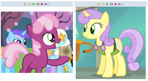 Size: 514x280 | Tagged: safe, derpibooru import, screencap, cheerilee, drizzle, serena, pony, derpibooru, pinkie pride, background pony, blank flank, cheese, cheese sandwich (food), exploitable meme, female, filly, flower, food, juxtaposition, juxtaposition win, meme, meta, sandwich, tree