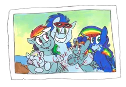 Size: 1665x1155 | Tagged: safe, artist:frankilew, derpibooru import, rainbow dash, soarin', oc, oc:cloud puff, oc:sunrise brisk, oc:white whirl, family, female, male, offspring, parent:rainbow dash, parent:soarin', parents:soarindash, shipping, soarindash, straight