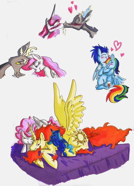 Size: 2520x3505 | Tagged: safe, artist:frankilew, derpibooru import, discord, princess celestia, princess luna, rainbow dash, soarin', oc, bed, bedroom eyes, blushing, cewestia, cute, dislestia, eyes closed, female, filly, heart, hug, kissing, male, nuzzling, prone, shipping, smiling, soarindash, spread wings, straight, wings, woona, younger