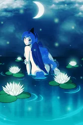 Size: 600x900 | Tagged: artist:dawnrie, bedroom eyes, crescent moon, derpibooru import, female, flower, glow, horn, horned humanization, human, humanized, lily (flower), lilypad, looking back, moon, night, nudity, pond, princess luna, smiling, solo, solo female, suggestive, winged humanization, wings