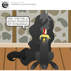 Size: 540x540 | Tagged: safe, artist:aha-mccoy, derpibooru import, oc, oc:anonlestia, unofficial characters only, nopony-ask-mclovin, animated, ask, banana, do you like bananas?, food, licking, long tongue, solo, speech bubble, tongue out, tumblr