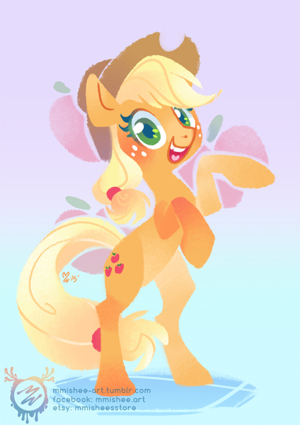 Size: 600x849 | Tagged: safe, artist:mmishee, derpibooru import, applejack, earth pony, pony, applejack's hat, bipedal, cowboy hat, cutie mark, cutie mark background, female, hat, hooves, lineless, mare, open mouth, rearing, solo, teeth