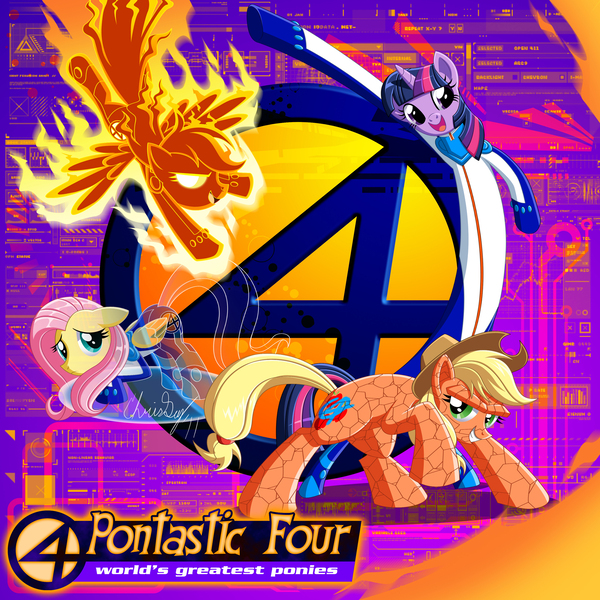 Size: 1650x1650 | Tagged: applejack, artist:captricosakara, crossover, derpibooru import, fantastic four, fantastic four: world's greatest heroes, fluttershy, human torch, invisible woman, marvel, mr. fantastic, rainbow dash, safe, the thing (marvel), twilight sparkle
