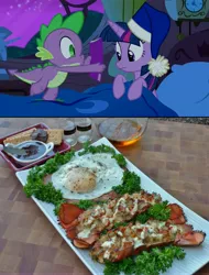 Size: 4305x5656 | Tagged: safe, derpibooru import, spike, twilight sparkle, twilight sparkle (alicorn), alicorn, lobster, pony, absurd resolution, brandy (drink), comic book meme, cookbook, defictionalization, egg (food), exploitable meme, female, food, mare, meme, monty python, monty python's flying circus, obligatory pony, spam, spike's comic