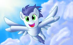 Size: 1024x640 | Tagged: artist:datfriskypickle, cloud, cloudy, derpibooru import, flying, flying at you, happy, looking at you, safe, sky, soarin'