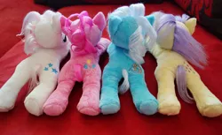 Size: 1000x613 | Tagged: safe, artist:wolflessnight, derpibooru import, lemon drop, linky, pinkie pie, shoeshine, twinkleshine, earth pony, pony, unicorn, background pony, beanie (plushie), female, g1, g1 to g4, generation leap, irl, mare, photo, plushie