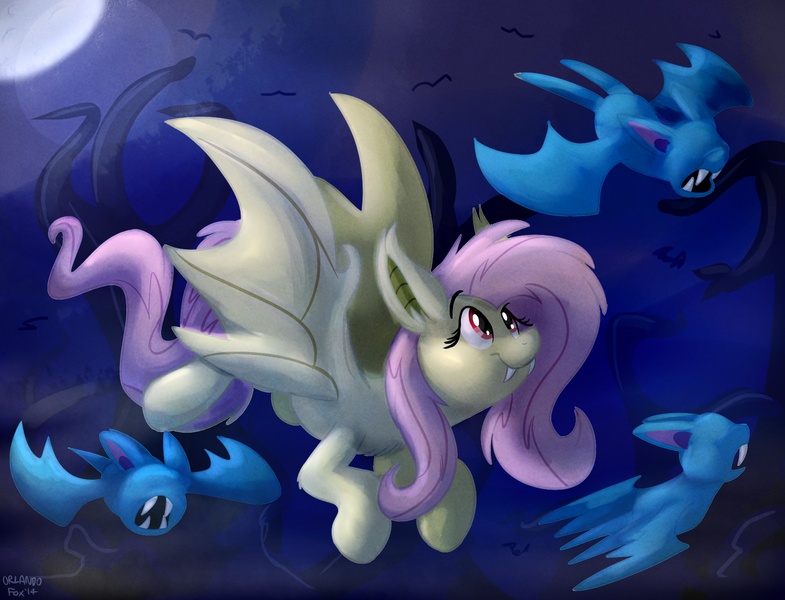 Size: 1700x1300 | Tagged: safe, artist:thedoggygal, derpibooru import, fluttershy, bat pony, pony, zubat, bat ponified, crossover, flutterbat, flying, moon, night, pokémon, race swap