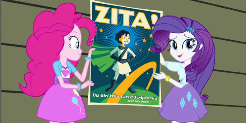 Size: 1280x643 | Tagged: safe, derpibooru import, pinkie pie, rarity, equestria girls, rainbow rocks, exploitable meme, meme, paper, poster, rainboom's advertisement, zita, zita the spacegirl