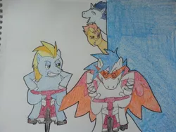 Size: 1024x768 | Tagged: artist:thatdamntenpin, derpibooru import, fake horn, fanfic, fanfic art, fanfic:piercing the heavens, kamina sunglasses, lightning streak, oc, oc:air mach, race, safe, soarin', spitfire, sunglasses, traditional art, tricycle