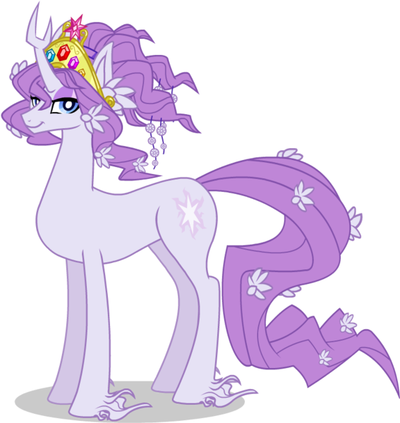 Size: 742x785 | Tagged: safe, artist:poisonhearts, derpibooru import, tree of harmony, oc, oc:harmony (heilos), ponified, unofficial characters only, classical unicorn, pony, unicorn, bedroom eyes, big crown thingy, cloven hooves, element of generosity, element of honesty, element of kindness, element of laughter, element of loyalty, element of magic, elements of harmony, flower, flower in hair, jewelry, leonine tail, looking at you, regalia, smiling, solo, unshorn fetlocks