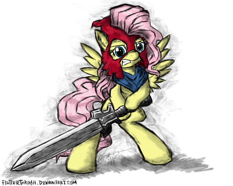 Size: 2432x1938 | Tagged: safe, artist:flutterthrash, derpibooru import, fluttershy, pony, bipedal, heavy metal, sodom (band), sword, weapon