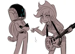 Size: 579x417 | Tagged: safe, artist:murai shinobu, derpibooru import, applejack, rarity, equestria girls, rainbow rocks, and then there's rarity, bass guitar, clothes, cowboy hat, daft punk, daft rarity, freckles, guitar, hat, monochrome, musical instrument, pixiv, simple background, stetson, white background