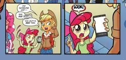 Size: 1038x499 | Tagged: safe, derpibooru import, edit, idw, apple bloom, applejack, equestria girls, spoiler:comic, spoiler:comicholiday2014, advertisement, apple bloom's phone, exploitable meme, idw advertisement, meme, template