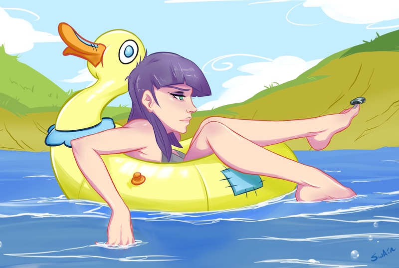 Size: 5446x3653 | Tagged: artist:swain, art pack:my little sweetheart, art pack:my little sweetheart 3, balancing, barefoot, bird, boulder (pet), derpibooru import, duck, feet, floating, floaty, human, humanized, inflatable, inflatable toy, inner tube, maud pie, my little sweetheart, my little sweetheart 3, pond, rock, safe, water