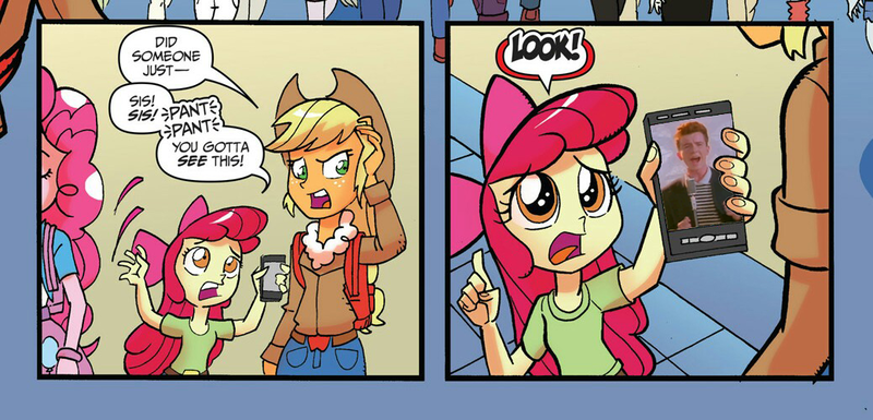 Size: 1038x499 | Tagged: safe, derpibooru import, edit, idw, apple bloom, applejack, equestria girls, spoiler:comic, spoiler:comicholiday2014, apple bloom's phone, exploitable meme, meme, rick astley, rickroll