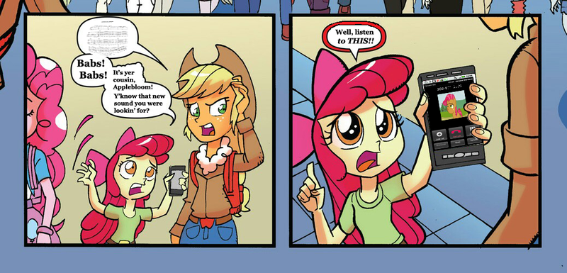 Size: 1038x499 | Tagged: safe, derpibooru import, edit, idw, apple bloom, applejack, babs seed, pinkie pie, equestria girls, spoiler:comic, spoiler:comicholiday2014, apple bloom's phone, back to the future, exploitable meme, meme