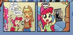 Size: 1038x499 | Tagged: safe, derpibooru import, edit, idw, apple bloom, applejack, pinkie pie, equestria girls, spoiler:comic, spoiler:comicholiday2014, advertisement, apple bloom's phone, five nights at freddy's, five nights at freddy's 2, idw advertisement, puppet