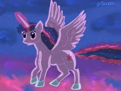 Size: 1000x750 | Tagged: safe, artist:anna-krylova, derpibooru import, twilight sparkle, twilight sparkle (alicorn), alicorn, pony, female, flying, magic, mare, solo