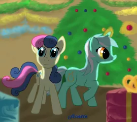 Size: 1000x888 | Tagged: safe, artist:anna-krylova, derpibooru import, bon bon, lyra heartstrings, sweetie drops, christmas, cute, duo, hearth's warming eve, holiday, magic, present, raised hoof