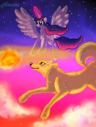 Size: 750x1000 | Tagged: safe, artist:anna-krylova, derpibooru import, twilight sparkle, twilight sparkle (alicorn), alicorn, pony, wolf, canis major, female, flying, magic, mare