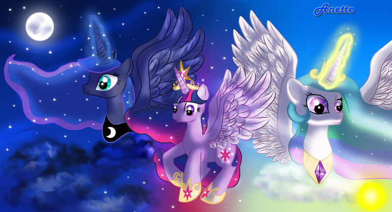 Size: 1419x768 | Tagged: safe, artist:anna-krylova, derpibooru import, princess celestia, princess luna, twilight sparkle, twilight sparkle (alicorn), alicorn, pony, female, magic, mare