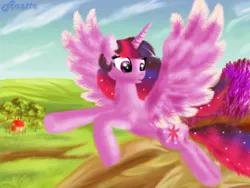 Size: 1000x750 | Tagged: safe, artist:anna-krylova, derpibooru import, twilight sparkle, twilight sparkle (alicorn), alicorn, pony, female, fluffy, flying, mare, solo