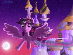 Size: 1000x750 | Tagged: safe, artist:anna-krylova, derpibooru import, twilight sparkle, twilight sparkle (alicorn), alicorn, pony, canterlot castle, female, flying, mare, solo, sunset