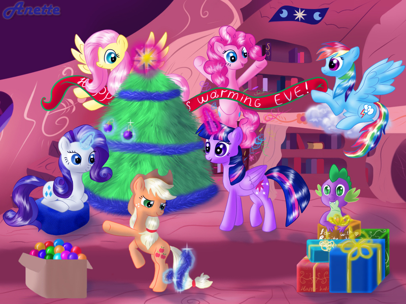 Size: 1024x768 | Tagged: safe, artist:anna-krylova, derpibooru import, applejack, fluttershy, pinkie pie, rainbow dash, rarity, spike, twilight sparkle, twilight sparkle (alicorn), alicorn, pony, cute, female, hearth's warming eve, mane seven, mane six, mare, present