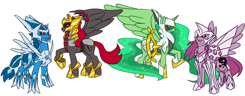 Size: 1080x425 | Tagged: safe, artist:otakugal15, derpibooru import, ponified, alicorn, arceus, dialga, giratina, palkia, pegasus, pony, crossover, ethereal mane, legendary pokémon, pokémon, ponymon, simple background, spread wings, transparent background, wings