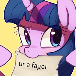 Size: 1024x1024 | Tagged: safe, artist:maren, derpibooru import, edit, twilight sparkle, twilight sparkle (alicorn), alicorn, pony, bust, faggot, female, mare, mouth hold, paper, portrait, solo, ur a faget, vulgar