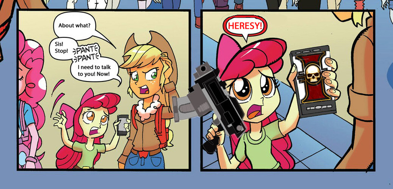 Size: 1038x499 | Tagged: safe, derpibooru import, apple bloom, applejack, pinkie pie, equestria girls, spoiler:comic, spoiler:comicholiday2014, apple bloom's phone, bolt pistol, exploitable meme, heresy, inquisition, meme, warhammer (game), warhammer 40k