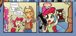 Size: 1038x499 | Tagged: safe, derpibooru import, apple bloom, applejack, pinkie pie, equestria girls, spoiler:comic, spoiler:comicholiday2014, apple bloom's phone, bolt pistol, exploitable meme, heresy, inquisition, meme, warhammer (game), warhammer 40k