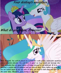 Size: 642x768 | Tagged: safe, derpibooru import, screencap, princess celestia, twilight sparkle, twilight sparkle (alicorn), alicorn, pony, female, mare, quantum mechanics, quantum physics, schrödinger's cat, you'll play your part