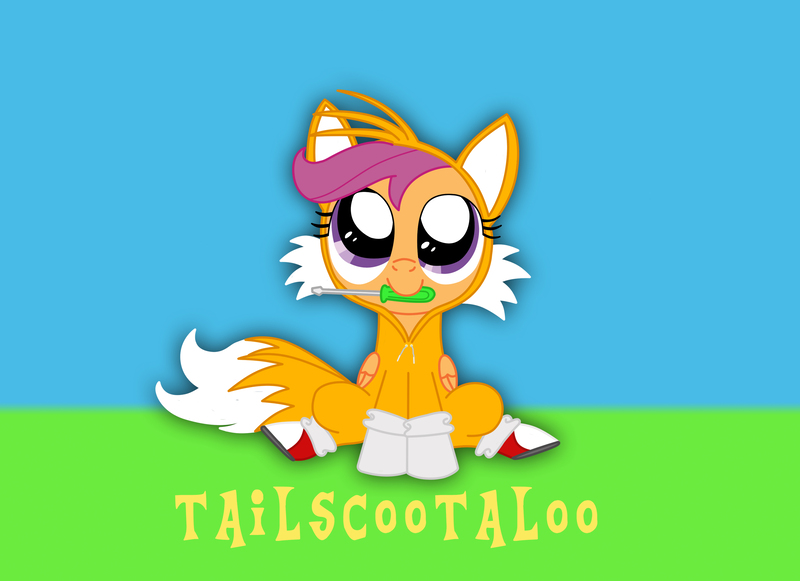 Size: 3510x2550 | Tagged: artist:lightdegel, clothes, cosplay, costume, crossover, cute, derpibooru import, hoodie, miles "tails" prower, safe, scootaloo, sonic the hedgehog (series)