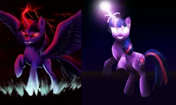 Size: 1023x614 | Tagged: semi-grimdark, artist:fox-moonglow, derpibooru import, twilight sparkle, twilight sparkle (alicorn), alicorn, pony, comparison, crying, female, glowing eyes, mare, tyrant sparkle