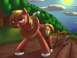 Size: 4000x3000 | Tagged: safe, artist:shdingo, derpibooru import, big macintosh, earth pony, pony, the mayors journey(vore series), farming, frown, glare, male, plow, pulling, solo, stallion, walking