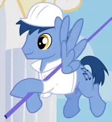 Size: 346x380 | Tagged: safe, derpibooru import, screencap, blues, noteworthy, pegasus, pony, sonic rainboom (episode), background pony, clothes, cropped, flying, hard hat, hat, solo, uniform, weather factory uniform